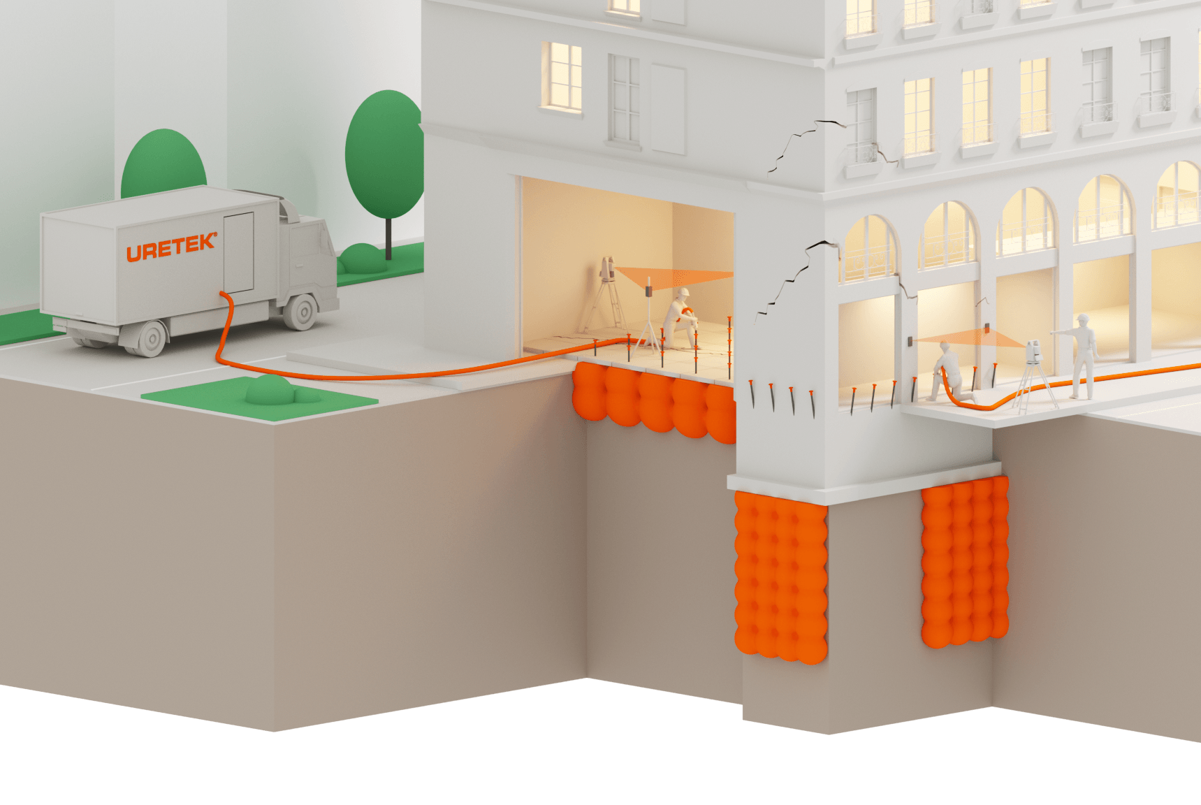 3D Bild der Durchführung von Gebäude- und Bodenplattenstabilisierung
